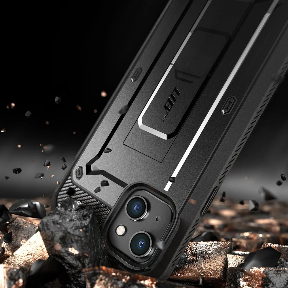 Etui pancerne z osłoną na ekran, z wbudowaną podstawką i kaburą z klipsem obrotowym Supcase Unicorn Beetle Pro do iPhone 13 Mini